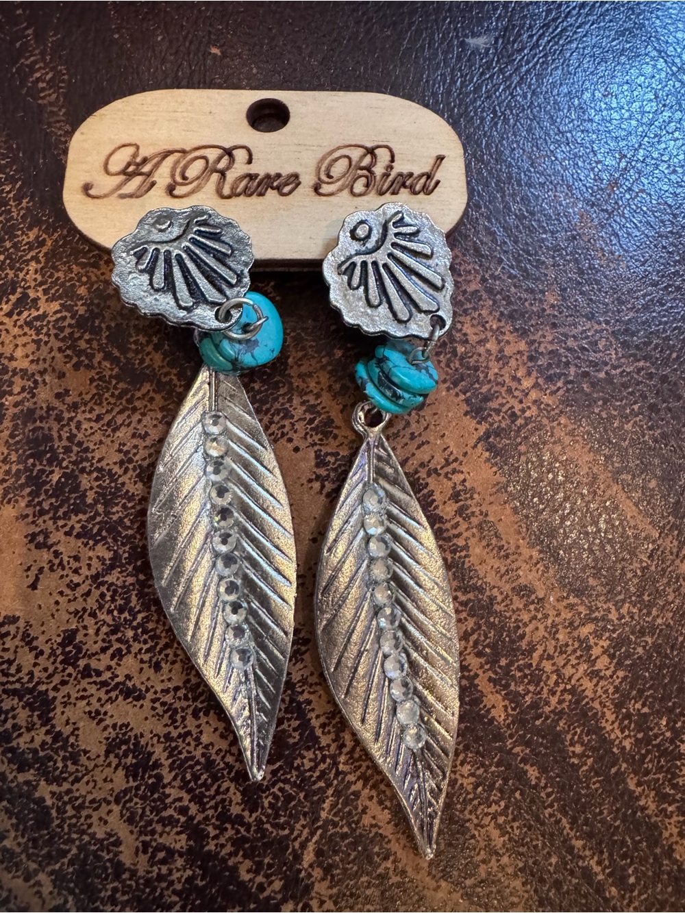 A Rare Bird Turquoise & Silver Leaf Drop Earrings